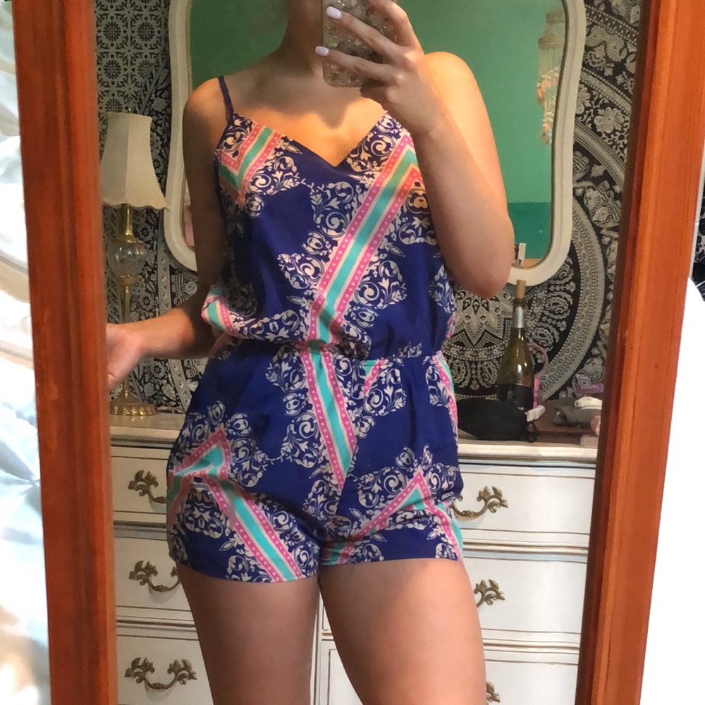 Royal blue patterned open back tie closure romper